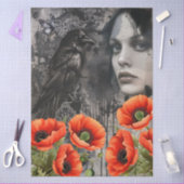 Dark Gothic Girl Raven Red Poppies Abstrakte Kunst Seidenpapier (Basteln)