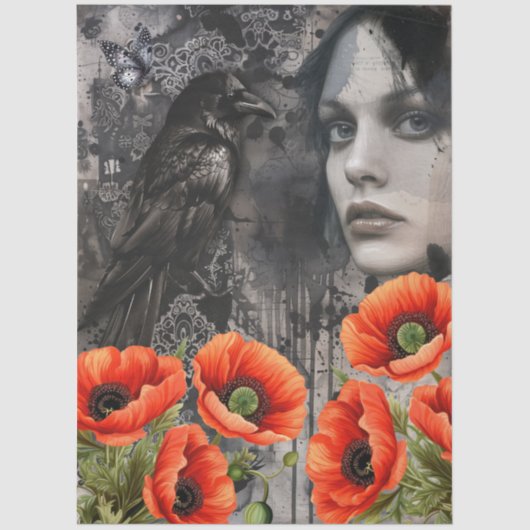 Dark Gothic Girl Raven Red Poppies Abstrakte Kunst Seidenpapier (Vorderseite)