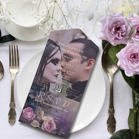 Dark Gothic Lila Lavendel Floral QR Code Foto All In One Einladung