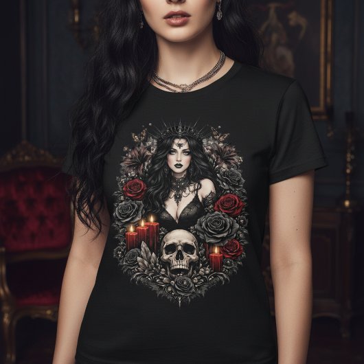 Dark Gothic Queen With Skull and Candles T-Shirt