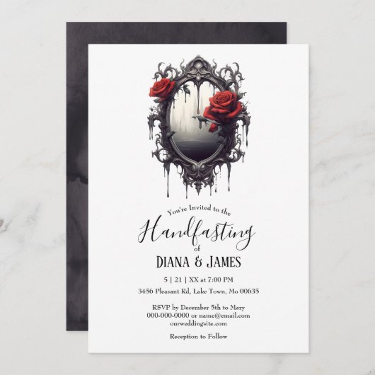 Dark Gothic Rote Rose & Mirror Fantasy Handfasts Einladung (Vorne/Hinten)