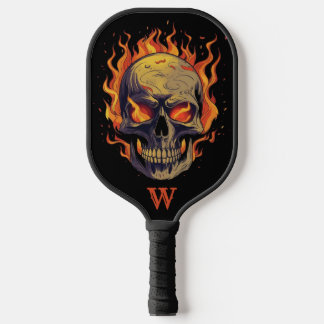 Dark Gothic Skull in Flames Monogram Initial Pickleball Schläger