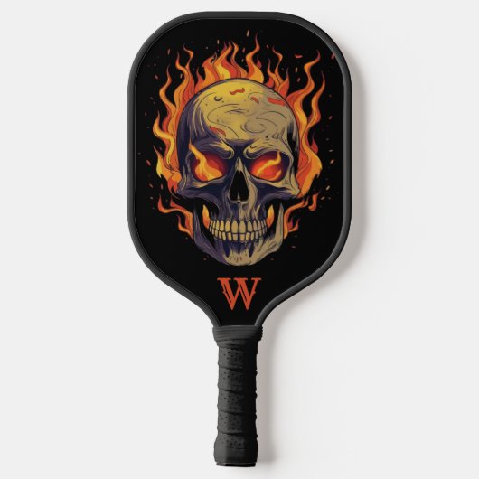 Dark Gothic Skull in Flames Monogram Initial Pickleball Schläger (Rückseite)