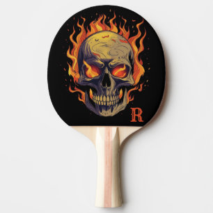 Dark Gothic Skull in Flames Monogram Initial Tischtennis Schläger