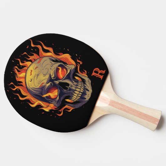 Dark Gothic Skull in Flames Monogram Initial Tischtennis Schläger (Seitenansicht)