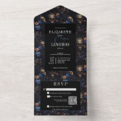 Dark Gothic Vintag Blue Floral & Skulls QR Code All In One Einladung (Innen Boden)
