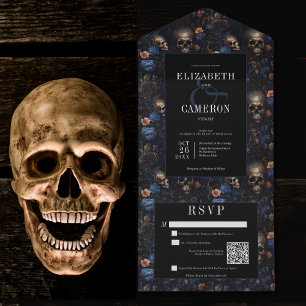 Dark Gothic Vintag Blue Floral & Skulls QR Code All In One Einladung