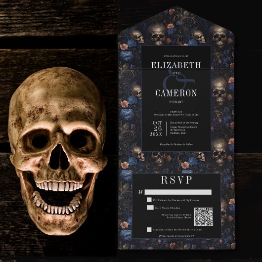 Dark Gothic Vintag Blue Floral & Skulls QR Code All In One Einladung
