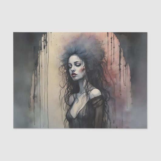 Dark Gothic Woman Portrait Moody Grunge Painterly Seidenpapier (Vorderseite)