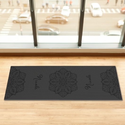 Dark Gray Beautiful Mandala With Custom Name Yogamatte