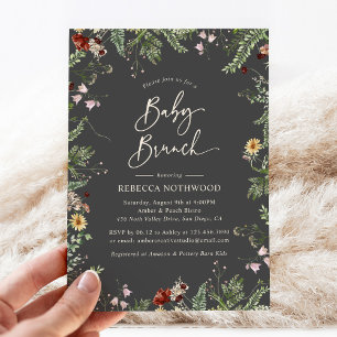 Dark Gray Boho Wildblumen Baby Brunch Einladung