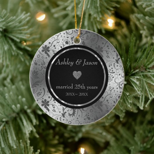 Dark Gray Floral Damask Keramik Ornament (Baum)