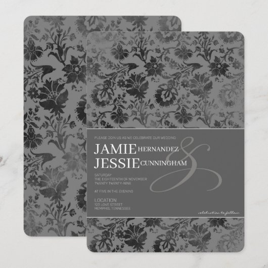 Dark Gray Floral Einladung (Vorne/Hinten)