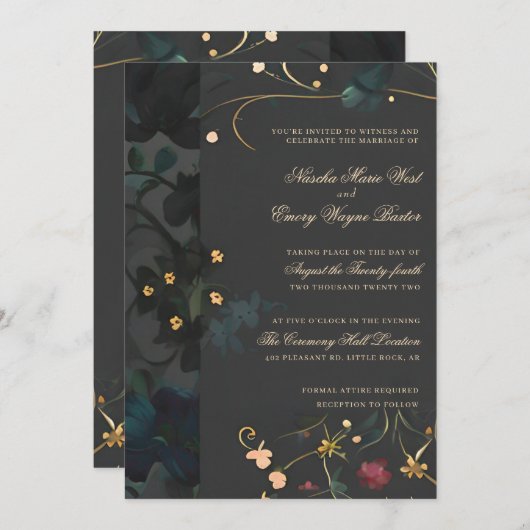 Dark Gray Gothic Boho Abstrakt Floral Wedding Invi Einladung (Vorne/Hinten)