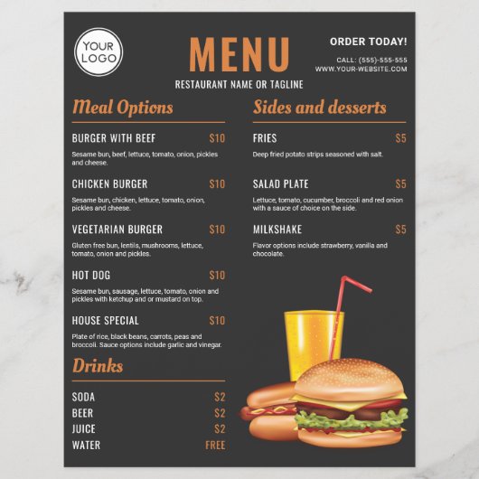 Dark Gray Orange Hamburger Hotdog Food-Menüpreise Flyer (Vorne)