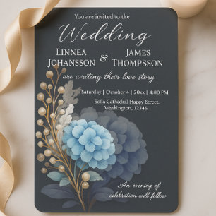 Dark Gray Pearl Hydrangea Blue Watercolor Wedding Einladung