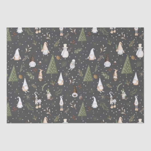 Dark Gray Snowy Forest Christmas Gnomes Muster Seidenpapier (Vorderseite)
