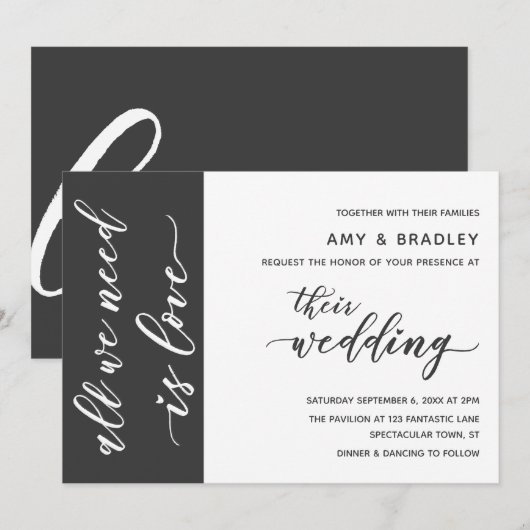 Dark Gray & White Modern Script Wedding Einladung (Vorne/Hinten)