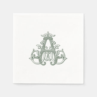 Dark Green "A" Monogram Cocktail Napkins Serviette