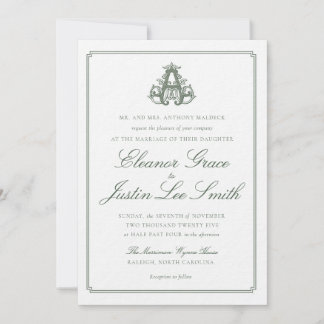 Dark Green "A" Monogram Wedding Invitation Einladung