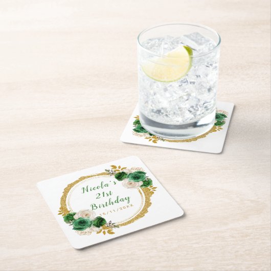 Dark Green and Gold Elegant Flowers Birthday Party Rechteckiger Pappuntersetzer (Vor Ort)