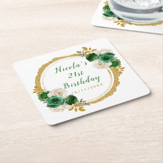 Dark Green and Gold Elegant Flowers Birthday Party Rechteckiger Pappuntersetzer (angewinkelt)