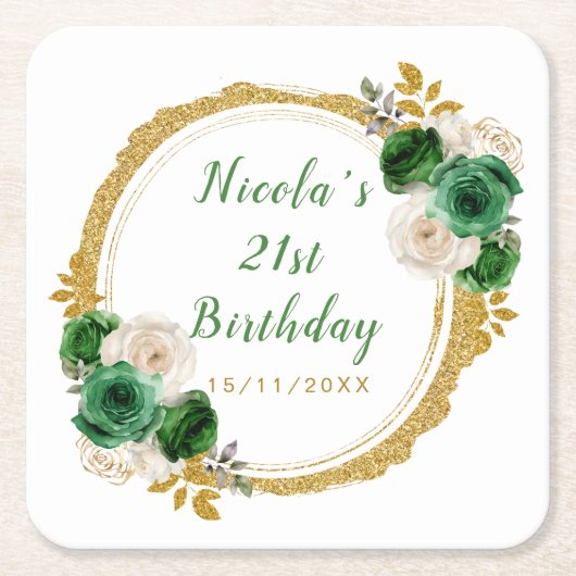 Dark Green and Gold Elegant Flowers Birthday Party Rechteckiger Pappuntersetzer (Vorderseite)