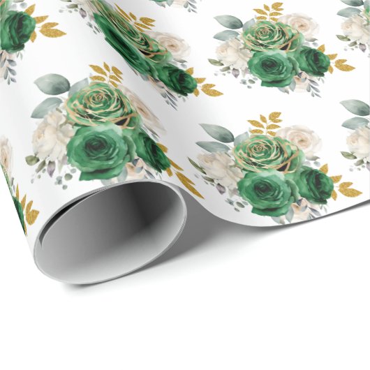 Dark Green and Gold Elegant Flowers Geschenkpapier (Rolleneckpunkt)