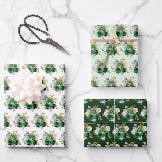 Dark Green and Gold Elegant Flowers Geschenkpapier Set (Vorderseite)