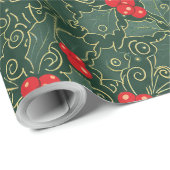 Dark Green and Gold Filigree Holly ID1220 Geschenkpapier (Rolleneckpunkt)