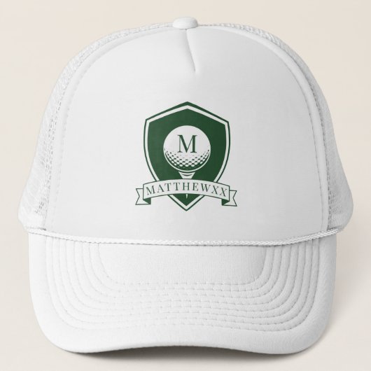 Dark Green and White Name Initial Monogram Golfer Truckerkappe (Vorderseite)