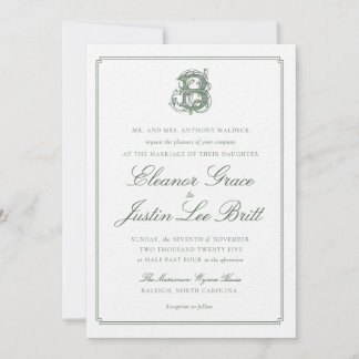 Dark Green "B" Monogram Wedding Invitation Einladung