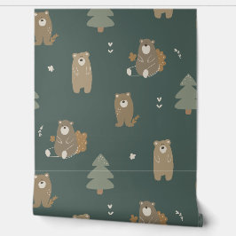 Dark Green Baby Bear Woodland Wallpaper Tapete