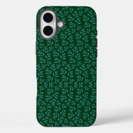  Dark Green Background with Teal Botanical Leaves iPhone 16 Plus Hülle