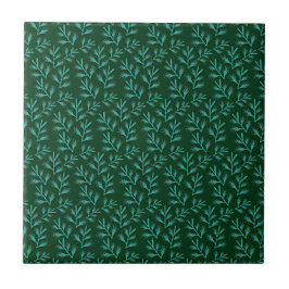  Dark Green Background with Teal Botanical Leaves Fliese