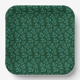  Dark Green Background with Teal Botanical Leaves Pappteller