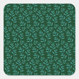  Dark Green Background with Teal Botanical Leaves Quadratischer Aufkleber