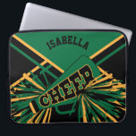 Dark Green, Black & Gold Cheerleader Design Laptopschutzhülle<br><div class="desc">🥇 ORIGINAL COPYRIGHT ART DESIGN VON Donna Siegrist NUR AUF ZAZZLE VERFÜGBAR! Dunkelgrün, schwarz & gold Cheerleader Design Laptop-Ärmel. Benötigen Sie eine andere Farbe(n), kontaktieren Sie bitte. ✔ HINWEIS: ÄNDERN SIE NUR DIE VORLAGEBEREICHE, DIE SIE BENÖTIGEN! 😀 Sie können den Text bei Bedarf entfernen und neu hinzufügen, was immer Sie...</div>