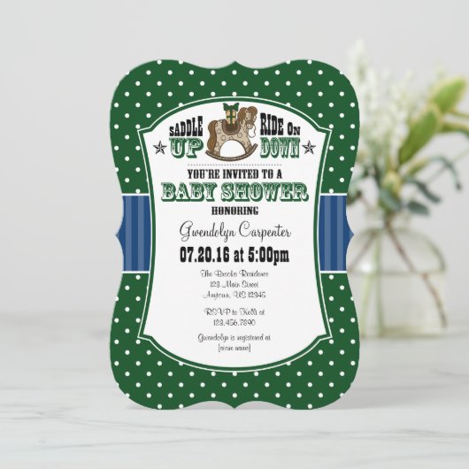 Dark Green Blue Cowboy Baby Dusche Einladung (Stehend Vorderseite)