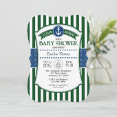 Dark Green Blue Nautical Baby Dusche Einladung (Stehend Vorderseite)