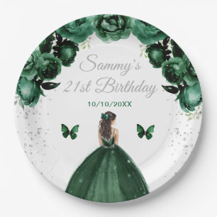 Dark Green Brünett Hair Princess Birthday Party Pappteller