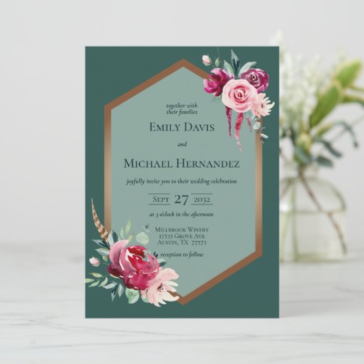 Dark Green, Burgundy & Blush Boho Einladung (Stehend Vorderseite)