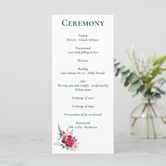 Dark Green, Burgundy & Blush Boho Floral Program Programm (Stehend Vorderseite)
