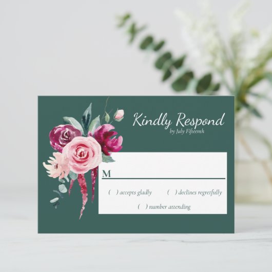 Dark Green, Burgundy & Blush Boho UAWG RSVP Karte (Stehend Vorderseite)