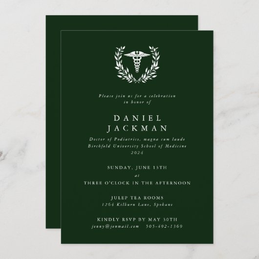 Dark Green Caduceus Medical School Abschluss Einladung (Vorne/Hinten)