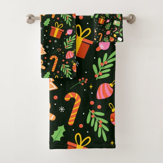 Dark Green Christmas Abstrakt Pattern Badhandtuch Set (Insitu)