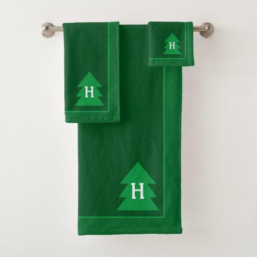 Dark Green Christmas Tree Custom Initial Elegant Badhandtuch Set (Insitu)