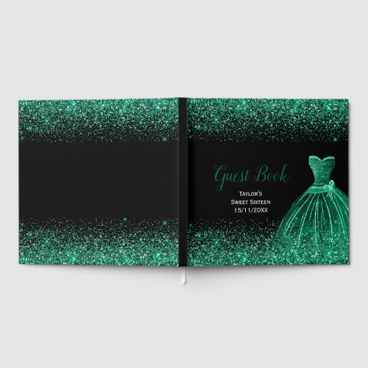 Dark Green Dress Faux Glitter Sweet 16 Birthday Gästebuch (Voll)