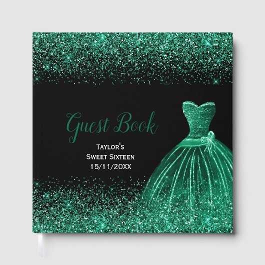 Dark Green Dress Faux Glitter Sweet 16 Birthday Gästebuch (Vorderseite)