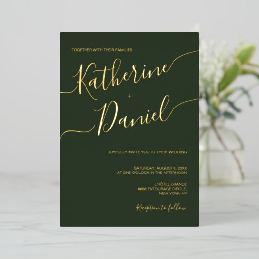 Dark Green Elegant Calligrafy Minimalistisch Scrip Folieneinladung (Stehend vorne)